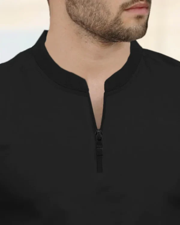 Men Full Sleeve Solid Zip Neck T-Shirt | Black - Image 2