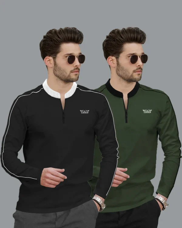 (Pack Of 2) Full Sleeve Mens High & Henley Neck T-shirts / 6 Variants Combo - Image 2