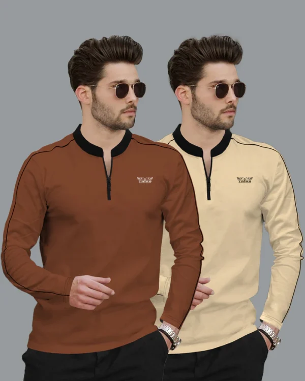 (Pack Of 2) Full Sleeve Mens High & Henley Neck T-shirts / 6 Variants Combo - Image 3